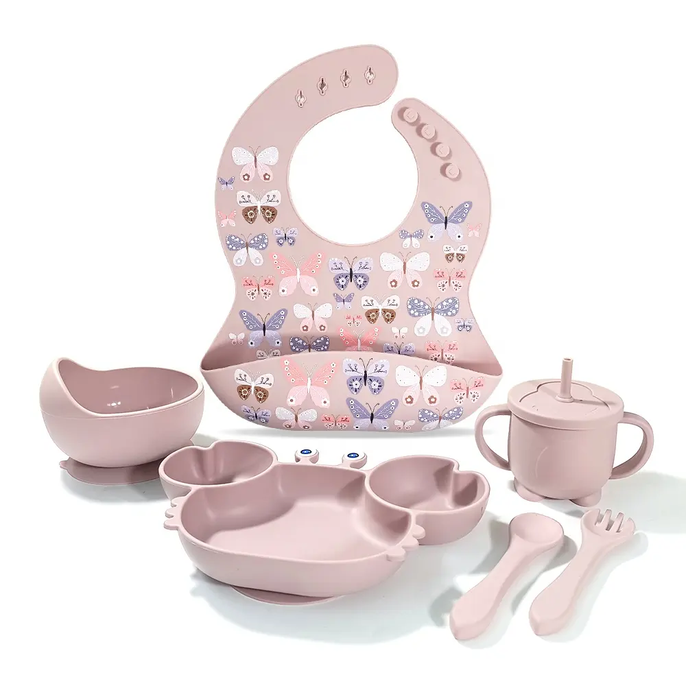 Ensemble d'alimentation en silicone avec motif bavoirs pour bébé Assiette papillon et tasse de paille pour bébé Ensemble de vaisselle imperméable Babero