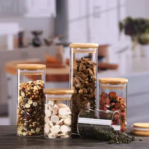 Vendita calda borosilicato cucina stoccaggio vasetti di vetro Set-contenitore di spezie bottiglie con coperchio di bambù