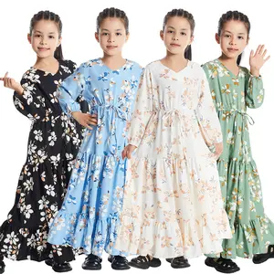 フローラルプリントフリルaラインファッション長袖マキシティーンエイジャー子供女の子アバヤイスラム教徒のドレス子供のための服