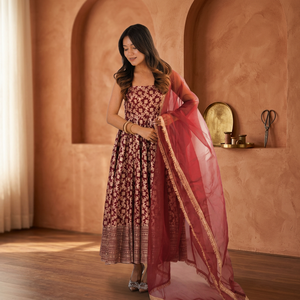 Women's Maroon Floral Printed Anarkali Suit With Dupatta Traditional Indian Wedding Wear Rayon Midi Length Regular Fit - Product Image 1