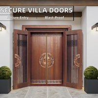 Porte d'entrée principale de villa à double porte, en bronze avec verre, non corrosive, durable, en cuivre