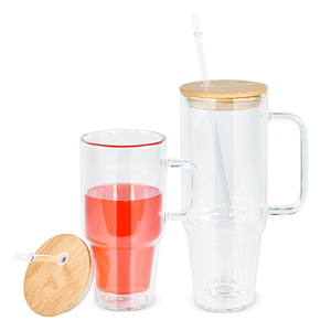 30oz 40oz a doppia parete di sublimazione bicchiere di vetro con manico a forma di bottiglia con coperchio in legno e paglia di vetro - Product Image 5