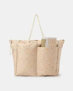 JAKIJAYI Beige Geometric Print Straw Multi Pocket Open Shopping Decoration Beach Tote Bag Women Summer