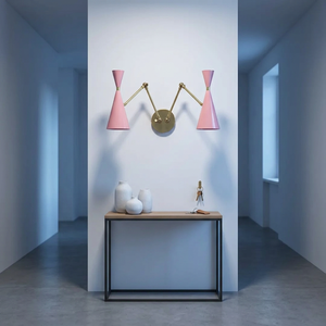 CH Mid Century Modern 2 Arm Handmade Wall Sconce Pink Cone Shade Brass Wall <b>Light</b> <b>Fixture</b> by Calvin Handicrafts - Product Image 1