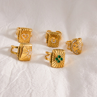 Bague ouverte J&D en acier inoxydable plaqué or 18 carats, design vintage avec strass blancs, motif carte de tarot soleil et médaillon photo