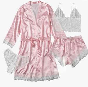 Ensemble de pyjamas et robes de nuit en satin de soie respirant avec dentelle, quatre pièces, pour femme, sexy, vente en gros - Product Image 6