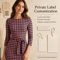 Robe midi personnalisée à imprimé pied-de-poule rose et vert pour femmes |   Robe cintrée à manches 3/4 avec ceinture à nouer à la taille |   Usine de fabrication OEM/ODM en marque blanche