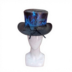 Chapeau de cowboy en cuir bleu flamme, style tophat formel, style rock, fait main, imprimé graphique, bord cousu, unisexe, pour fêtes, toutes saisons - Product Image 2