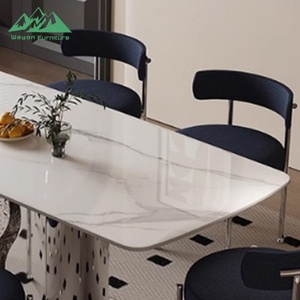 Table à manger Wayon en pierre frittée de luxe avec base en acier inoxydable miroir à effet d'ondulation de l'eau, table moderne haut de gamme pour hôtel et villa - Product Image 4