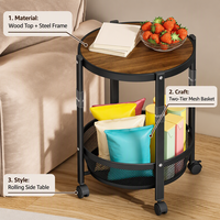 Table d'appoint ronde pliable moderne avec roulettes et panier en filet pour salon, petit espace et mobilier d'appartement