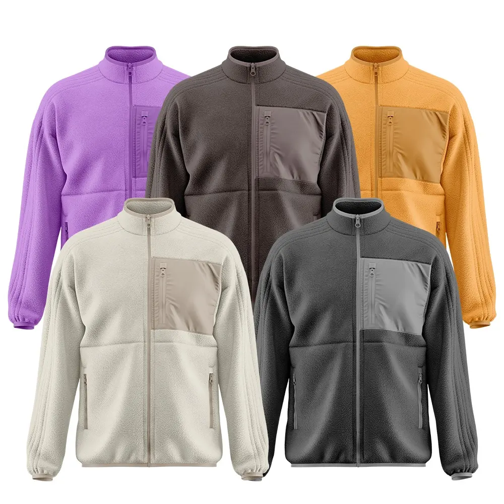 Fashion Casual Blank Plain Custom Zipper Polar Fleece Jacket With Chest Pocket Unisex Zip up Winter Jacket for Men