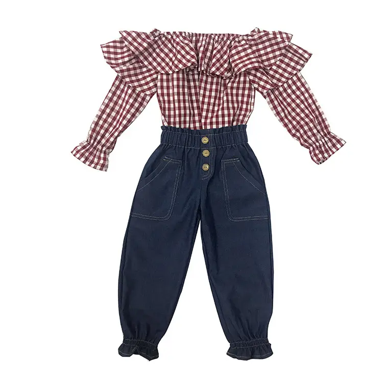 2020 wholesale fall kids girl denim pants plaid blouse outfit 2-pcs clothing set