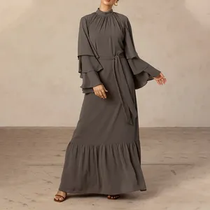 Custom Women Casual Elegant Long Tunic Dress Ruffle Sleeve Textured Maxi Dress
