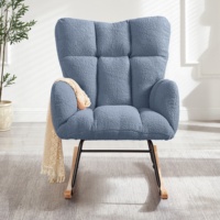 Fauteuil à bascule moderne et confortable en bouclette bleue avec base en métal et bois, fauteuil de luxe en tissu Teddy pour salon et chambre à coucher