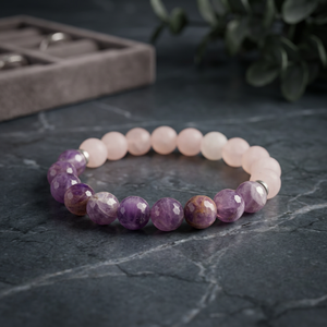 <b>Amethyst</b> and Rose Quartz Beaded Reiki Healing <b>Bracelets</b> Ball Shape Enhancing Energy and Balance - Product Image 3