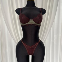 Vente en gros de lingerie sexy pour femmes, ensemble de soutien-gorge et culotte en 2 pièces, lingerie transparente pour femmes, ensemble de lingerie exotique en dentelle, lingerie marron tentation