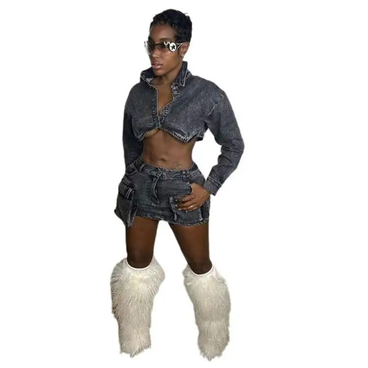 2023 Women Cropped Jacket And Pocket Skirt Two Piece Set Street Style Fashion Denim Jacket Mini Skirt Set