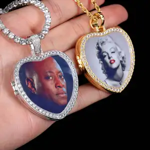 Vente en gros de colliers photo personnalisés avec médaillon en forme de cœur et chaîne en corde, bijoux en zirconium, cadeau