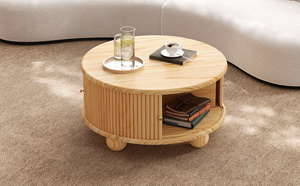 Modern Durable Round Fluted Coffee Table with Storage Pine <b>Solid</b> <b>Wood</b> Sliding Door Living Room Furniture - Product Image 4