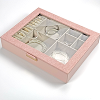 Boîte à bijoux rectangulaire de grande capacité, en cuir PU fait à la main, moderne, luxueuse, avec doublure en flocage, couvercle à fenêtre, poignée en métal