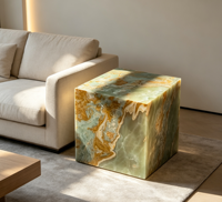 Table console en onyx vert naturel écologique de luxe, bloc de pierre polie, piédestal moderne, mobilier pour chambre à coucher, maison, villa