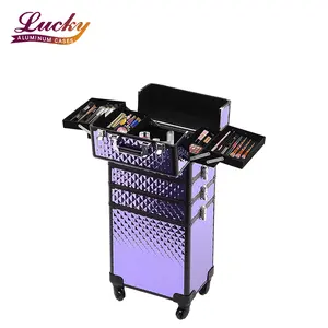 4 in 1 Aluminum Cosmetic Rolling Box with big space Professional Aluminum Large Cosmetic Trolley Organizer Case
