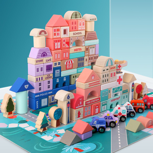 Montessori 115 pcs xây dựng bằng gỗ khối Bộ đồ chơi xe ô tô đào tạo giao thông đường phố dấu hiệu xe và nhà gạch cho trẻ em trai cô gái - Product Image 1