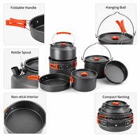 Ensemble de cuisine de camping compact 5 pièces en aluminium anodisé dur antiadhésif, personnalisable OEM/ODM, avec bouilloire, marmite suspendue et poêle à frire
