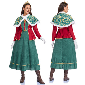 Vestido Medieval de Reina Europea para Mujer Adulta, Disfraz para Representaciones Escénicas, Verde y Rojo con Chal, Corona y Guantes - Product Image 1
