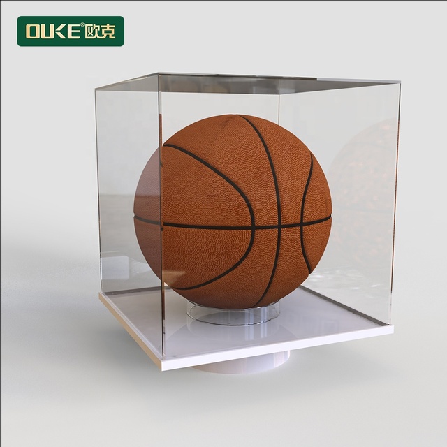Modern 360 Degree Automatic Rotating Eco-friendly 5mm Thick Acrylic Display Box with LED Light for Basketball Custom Size