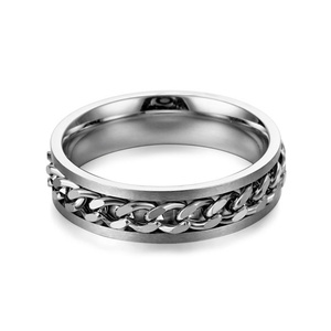 Factory Bulk Sale Punk Style Stainless Steel Biker <b>Silver</b> Men's <b>Ring</b>, Flat Cuban Link Chain <b>Spinner</b> <b>Ring</b> - Product Image 4