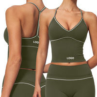 Soutien-gorge de sport long pour femme FBX9615, doux et brossé, à col halter en V, avec bordure contrastante, dos en Y et fines bretelles spaghetti, coupe ajustée, pour le yoga et l'entraînement