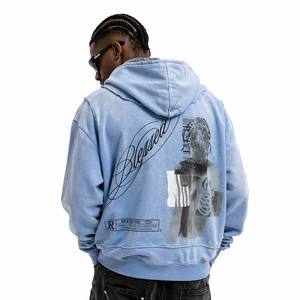 Sweat à capuche zippé personnalisé pour homme, style streetwear, coupe oversize, broderie 3D, en molleton 100% coton écologique, effet délavé, idéal pour l'automne - Product Image 2