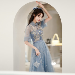 Blue A-Line Chiffon Evening Gown With Floral Embroidery Stand Neckline Natural Waist For Bridesmaid Graduation Events - Product Image 3