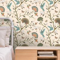 Papier peint auto-adhésif en PVC imperméable à l'eau avec motif d'oiseaux, de fleurs et de feuilles vertes, pour la décoration de la maison, idéal pour la décoration de la salle de séjour