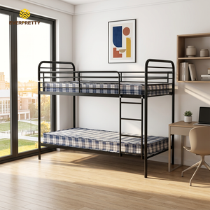 Cama litera moderna de metal negro de tamaño completo para dormitorio escolar, con escalera y barandilla, para apartamentos, hostales, hoteles y uso comercial. - Product Image 1