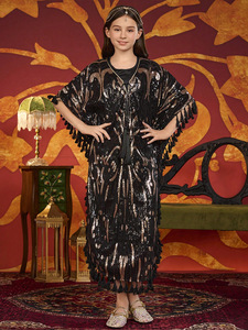 New Girls Muslim Sequin Embellished <strong>Kaftan</strong> Abaya with Tassels <strong>Black</strong> Islamic Kids Clothing - Product Image 6