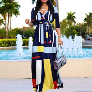 2024 automne nouveauté grande taille vêtements pour femmes imprimé col en v décontracté longue robe élégante à manches longues Maxi robe dames - Product Image 3