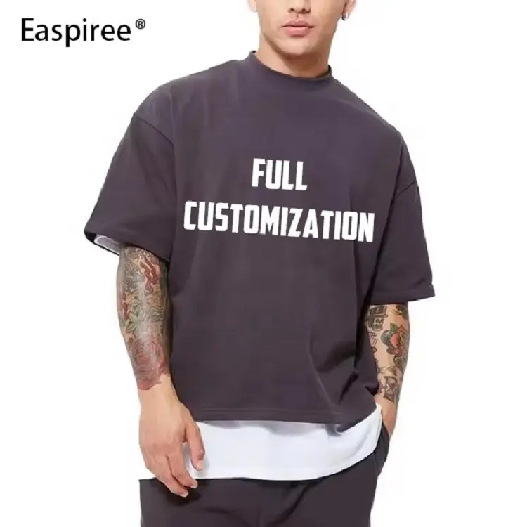 Oversized Crop Boxy Fit T-Shirt Heren 100% Katoen Drop Shoulder Streetwear Luxe Kwaliteit Ruw Gesneden Logo Effen Shirt Voor Heren