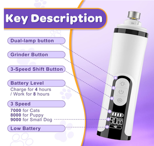 글로벌 베스트셀러 2026 업그레이드 무소음 애완동물 발톱 그라인더 트리머 2 LED 라이트 USB 충전식 3단 속도 전기 강아지 고양이용 - Product Image 5