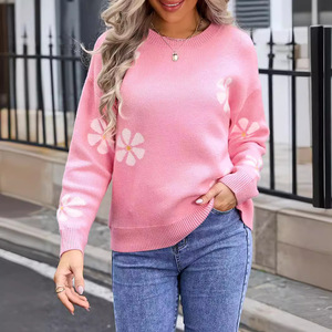 Pull en tricot à fleurs pour femmes, manches longues, col rond, printemps automne, vêtements décontractés, Smlxl, blanc, noir, vert, rose - Product Image 2