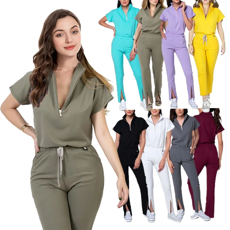 New design rayon viscose premium scrub suit zipper female nurse thick green blue white lavender scrub suits for women with logo