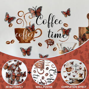 Adesivo da parete con tazza di caffè inglese più 12 farfalle 3D cucina ristorante sfondo decorativo adesivo da parete - Product Image 3