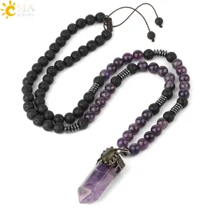CSJA new sweater chain natural stone hexagon column pendant crystal point pendant lava bead long necklaces G311