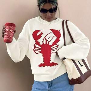 Maglione Bianco Jacquard con Motivo Aragosta di Tendenza per Vacanze al Mare e Feste a Tema Pesce, Pullover <span class=keywords><strong>Oversize</strong></span> Affidabile Lavorato a <span class=keywords><strong>Maglia</strong></span> - Product Image 1