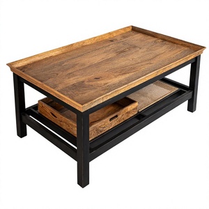 Table basse moderne en bois de manguier massif, finition bicolore noir et naturel, design attrayant, pour la maison, le bureau, l'usage commercial, le salon - Product Image 1
