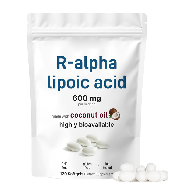 Hot Sales OEM R Alpha Lipoic Acid Softgels 600mg with Coconut Oil ALA Supplement for Antioxidants, Nerve, Heart, & Liver Support