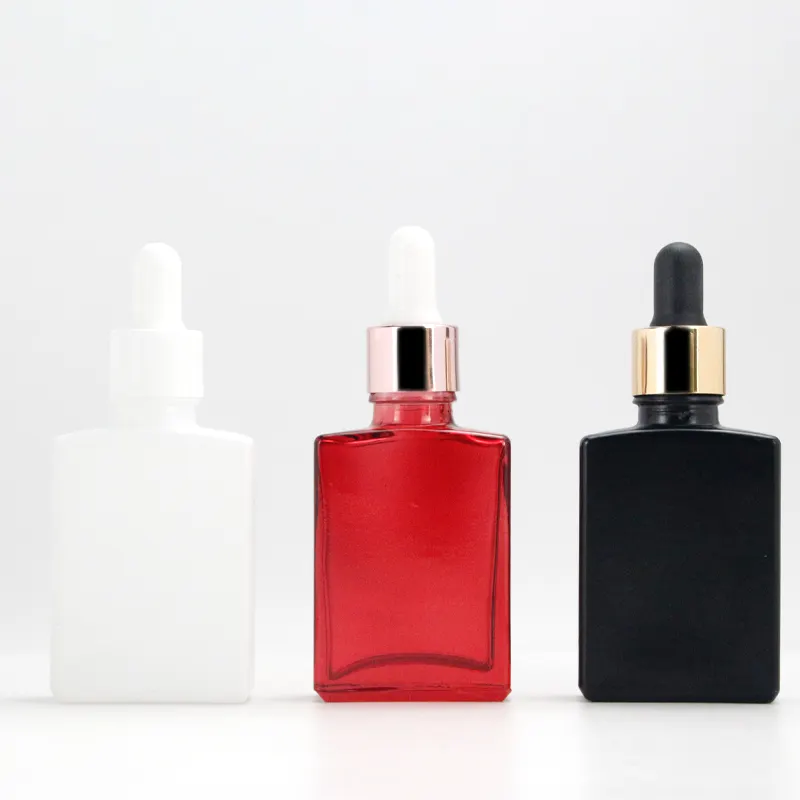 Manufacturer luxury 15ml 30ml 50 ml 100 ml 1 oz cosmetics rectangle red white black square glass essential oil dropper bottle