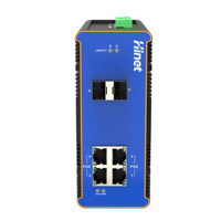 Switch Ethernet Industrial de Capa 2 con Entrada de 12-57VDC, Administrado, 4 Puertos 1G, Montaje en Riel DIN, IP40, con 2/1GB de Puertos SFP Uplink.