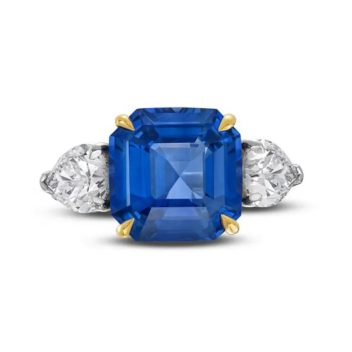 14K 18K Reiner Gold Schmuck klassischer Stil Edelstein Tiefschneider Schneidblau Saphir Diamant Drei-Stein-Ring für Damen